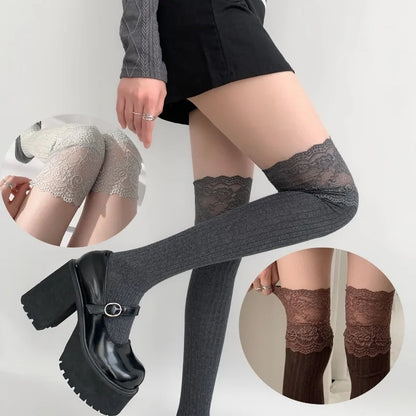 Women's Lace Trim Over the Knee Socks Lolita Ruffle Top Thigh High Stockings Japanese Style Knit Long Socks Casual Slouch Socks