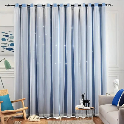 1pc Stylish Double Layer Sheer  Paired Curtains, Star Details, Blackout for Living Room,Bedroom,Cozy Dreamy Space