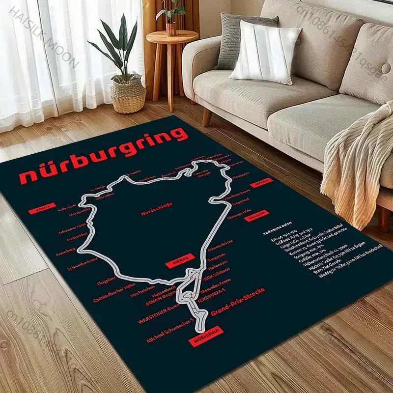 Race Track Inspired Area Rug – F1 Style Circuit Carpet for Living Room & Bedroom, Non-Slip Washable Large Floor Mat
