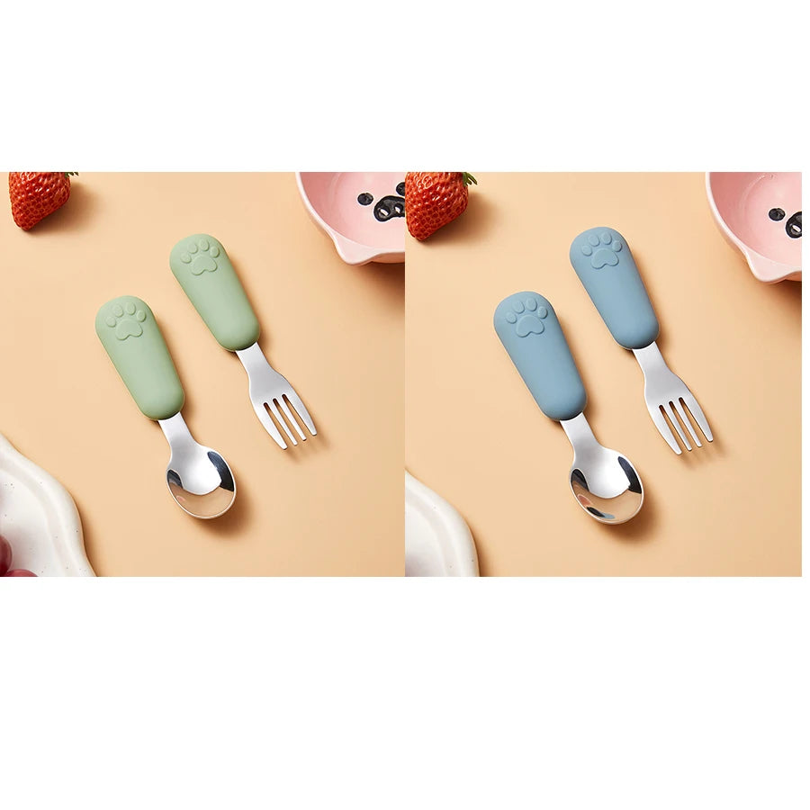 304 Stainless Steel Tableware Spoon Bears Paw Style Short Handled Fork Spoons, Learning to Eat, Small Auxiliary Training Spoons