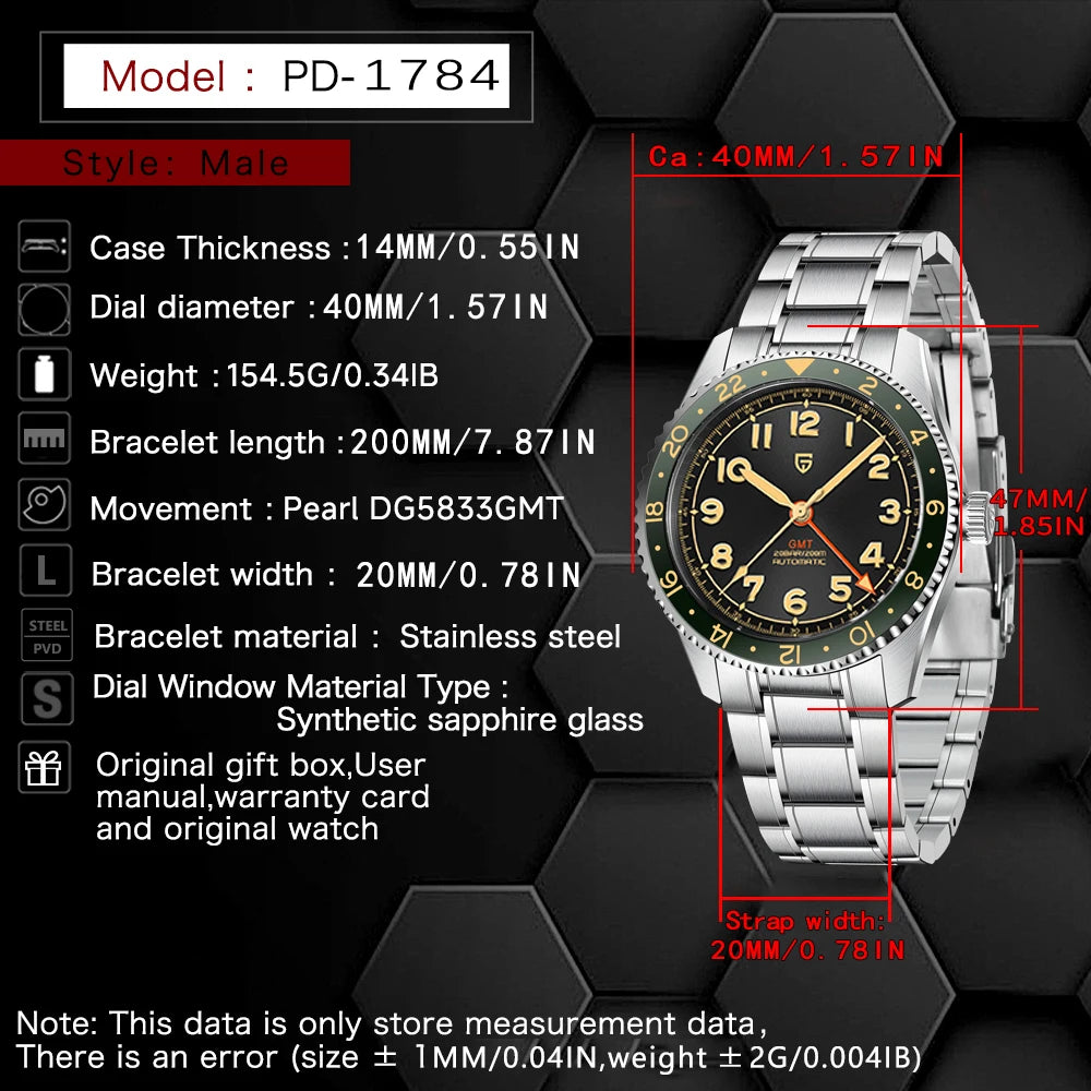 PAGANI DESIGN GMT Automatic Watch For Men 40MM Vintage Dial Sapphire 200M Waterproof Luminous Stainless Mechanical Wristwatch