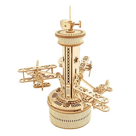 ROKR 3D Wooden Puzzles for Adults DIY Musical Box Model Kit to Build Self-Assembly Building Kit Airplane- Control Tower