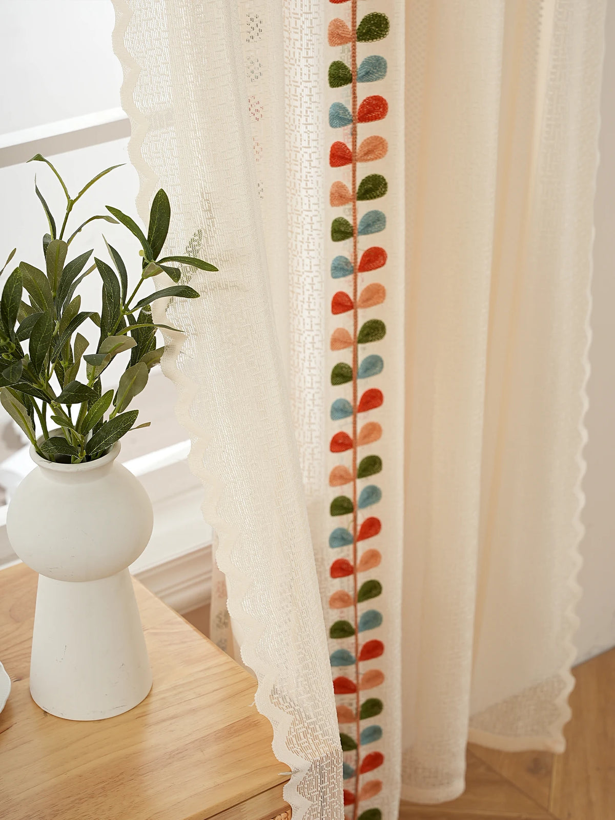 2PCS Four Color Leaf Embroidery Lace Rod Pocket Bag Curtains, Living Room Bedroom Simple and Warm Atmosphere Decorative Curtains