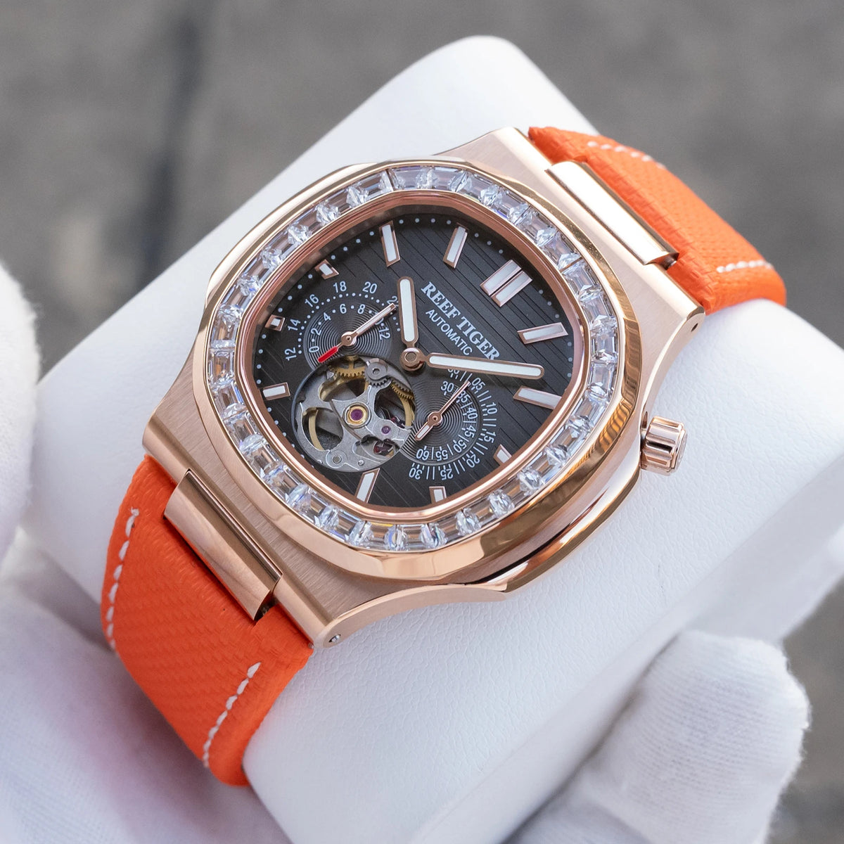 OBLVLO Men Automatic Watch Luxury 44mm Mechanical Wristwatch 50m Waterproof Sapphire Luminous Skeleton Dial 24 Hours