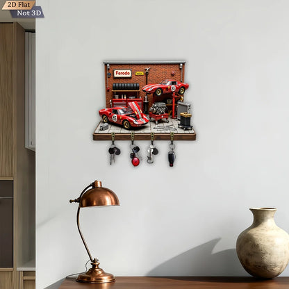 2D Flat, 1pc, Classic Racing Theme Style Key Hook, Wooden Multifunctional Home Key Rack, with Four Metal Hooks, Wall