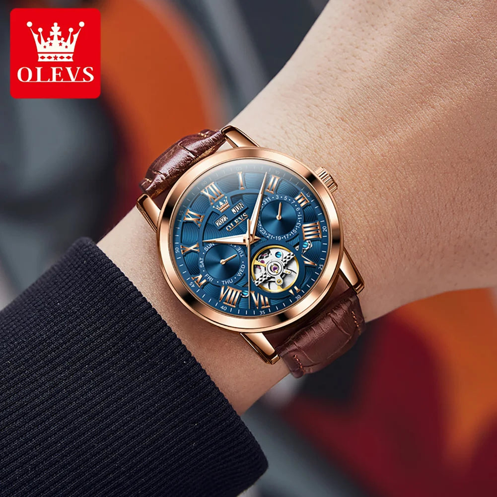 OLEVS 6668 Top Brand Men's Watches Trend Fashion Automatic Mechanical Wristwatch Leather Strap Waterproof Luminous Watch for Man