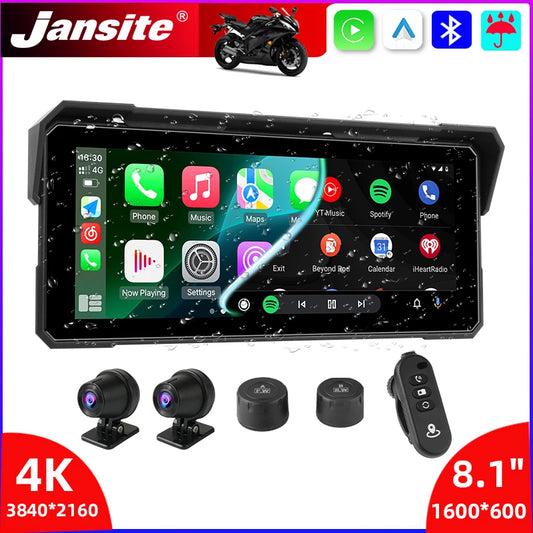 Jansite Portable 8.1 inch IP67 Waterproof Motorcycle 4K DVR GPS Navigation Wireless Carplay Android Auto Moto Recorder Monitor