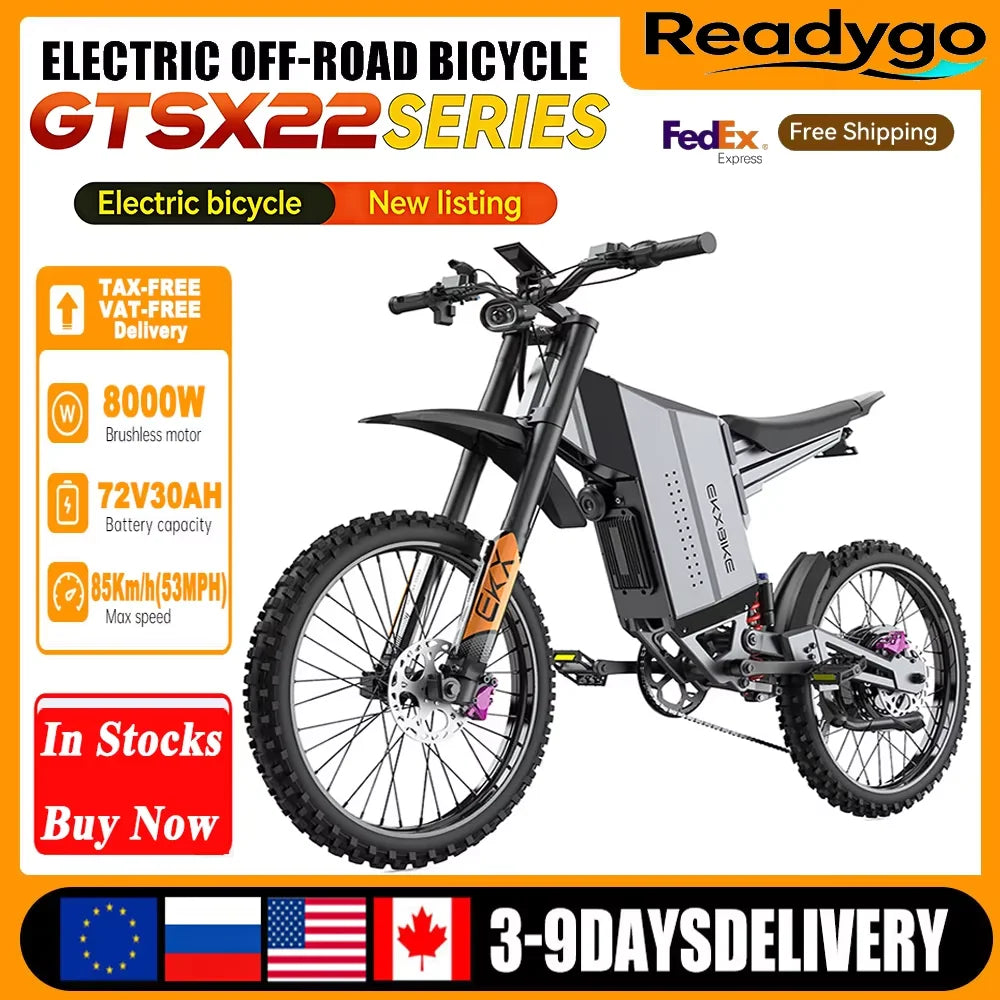 EKXBike GTS X22 Off-Road Ebike 85Kmh 8000W Brushless Motor, 72V30AH Lithium Battery, Readygo Ebike Adult Electric Motorcycle