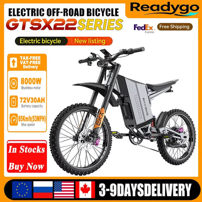 EKXBike GTS X22 Off-Road Ebike 85Kmh 8000W Brushless Motor, 72V30AH Lithium Battery, Readygo Ebike Adult Electric Motorcycle