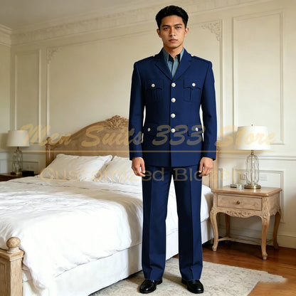Men's Military Suit Single Breasted Gold Button Blazer & Pants Set for Business Wedding Party Vintage Green 2 Piece Jacket Pants