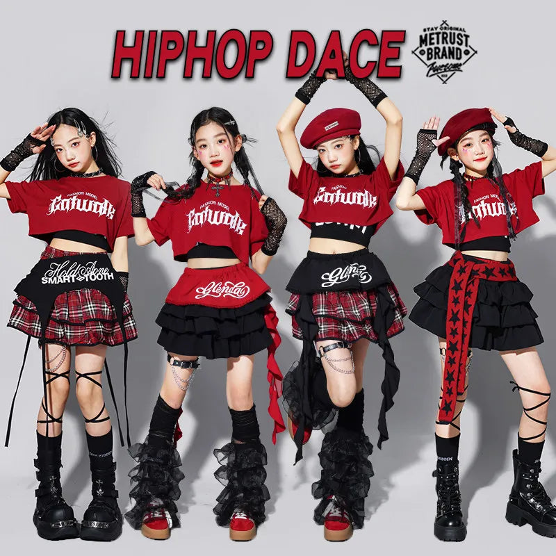 Girls K-pop Fashion Crop Top Bud Skirts Children Hip Hop Street Dance Costume Kids Streetwear Girl Group Jazz Summer Clothes Set