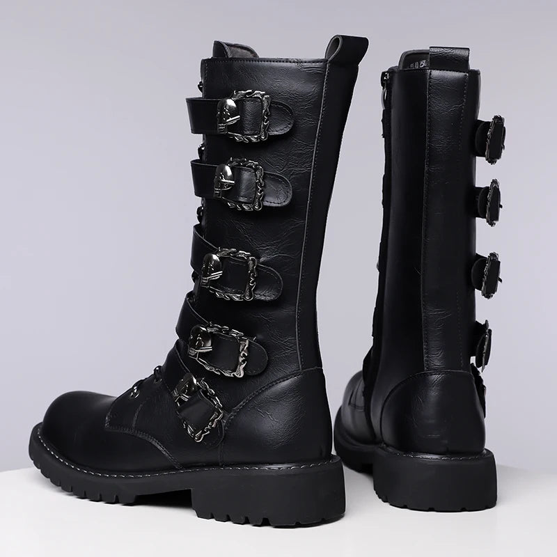 Winter Men Fashionable Boots with Belt Buckle Decoration Side Zipper Anti Slip Personalized Youth Knight Boots