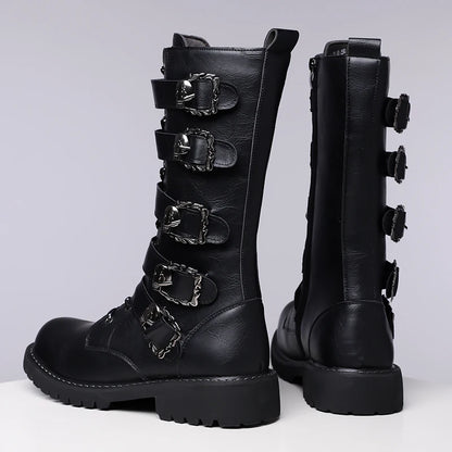 Winter Men Fashionable Boots with Belt Buckle Decoration Side Zipper Anti Slip Personalized Youth Knight Boots