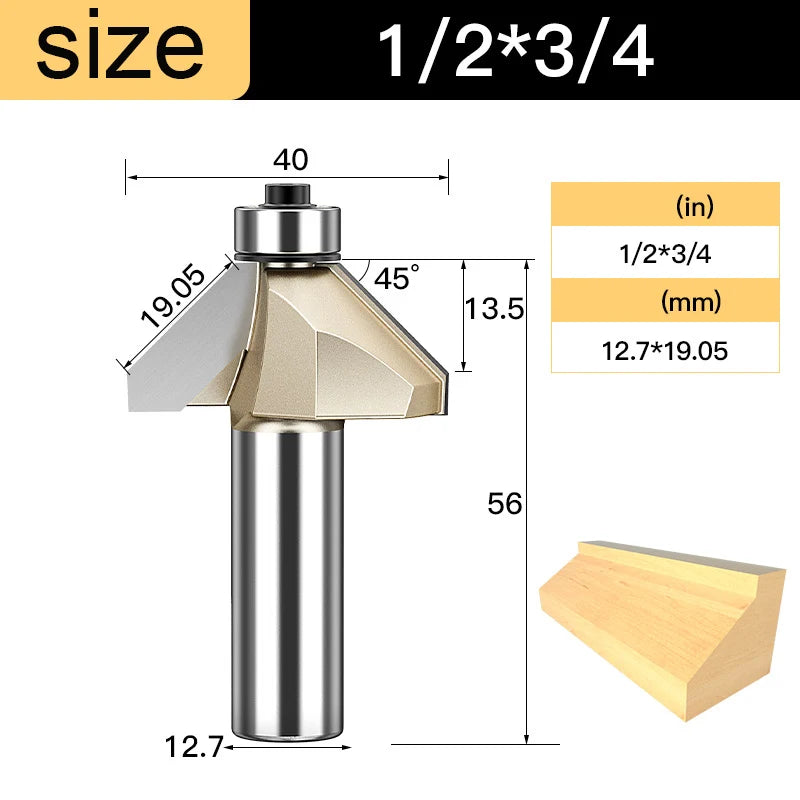 Tideway 45 Deg Bevel Edge Forming Chamfer Router Bits with Bearing Chamfering CNC Wood Cutting Tools Woodworking Milling Cutter