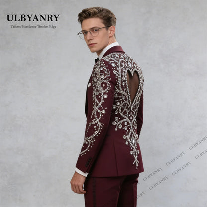 ULBYANRY Luxury Beaded Men's Formal Burgundy Suit Jacket Pants Cut-Out Back Prom Suit Attires Customized Wedding Suits