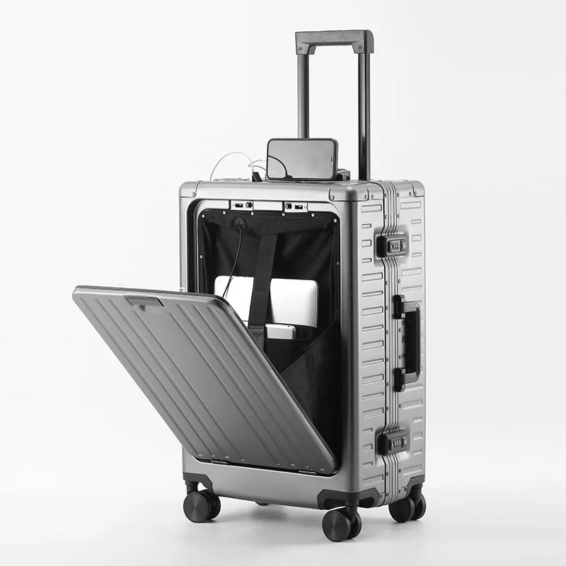 KLQDZMS Suitcase Front Opening Boarding Box Full Aluminum Magnesium Alloy Trolley Case 20 "24 Inches Multi-function Luggage