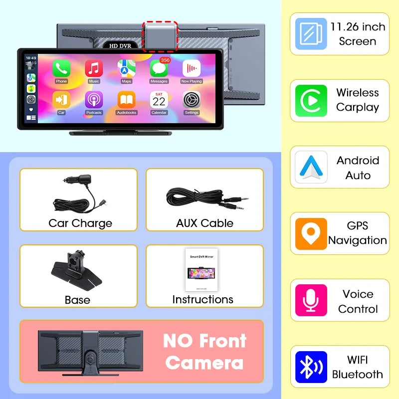 Develuck New 11.26'' 4K Car DVR Wireless CarPlay Android Auto Multimedia Player IPS Touch Screen Bluetooth Video Recorder FM AUX