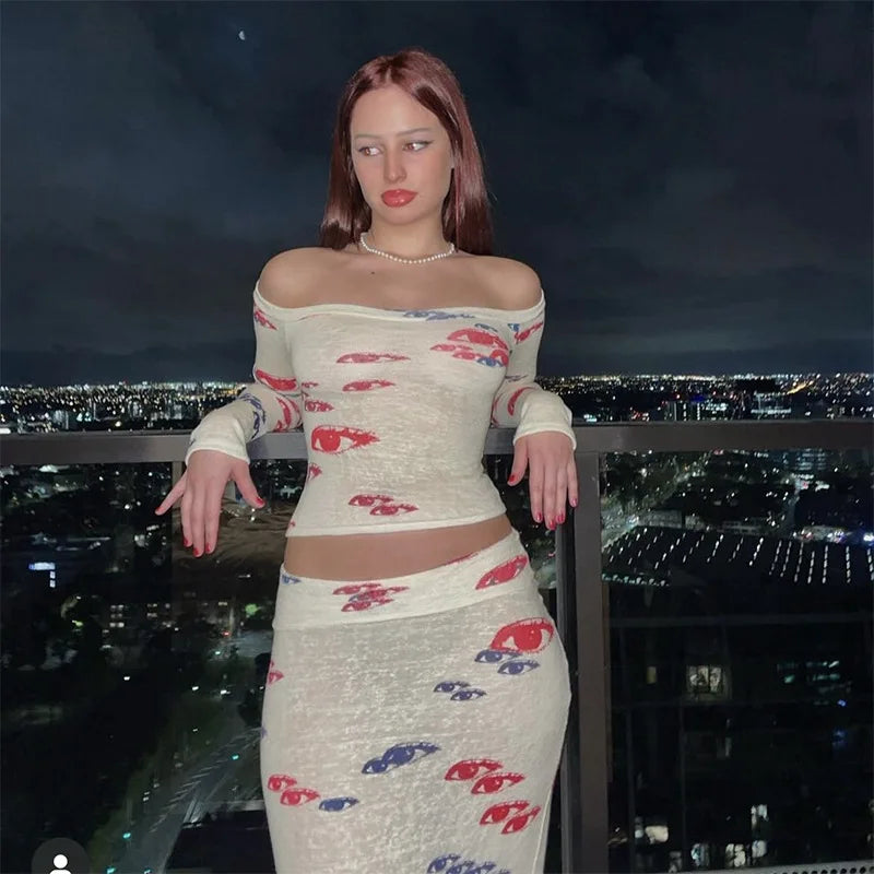 Y2K Eye Print One Shoulder Long Sleeve T Shirt Slim Fit Sexy with Hip Wrap Long Skirt Set for Women