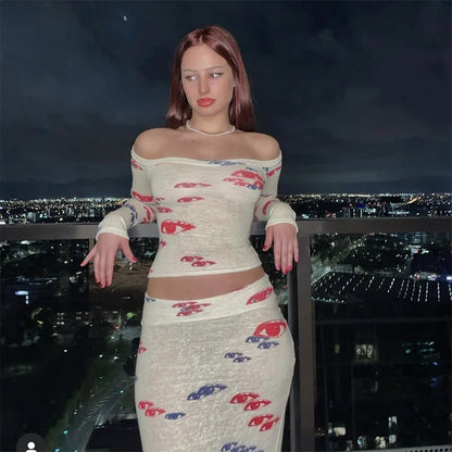 Y2K Eye Print One Shoulder Long Sleeve T Shirt Slim Fit Sexy with Hip Wrap Long Skirt Set for Women