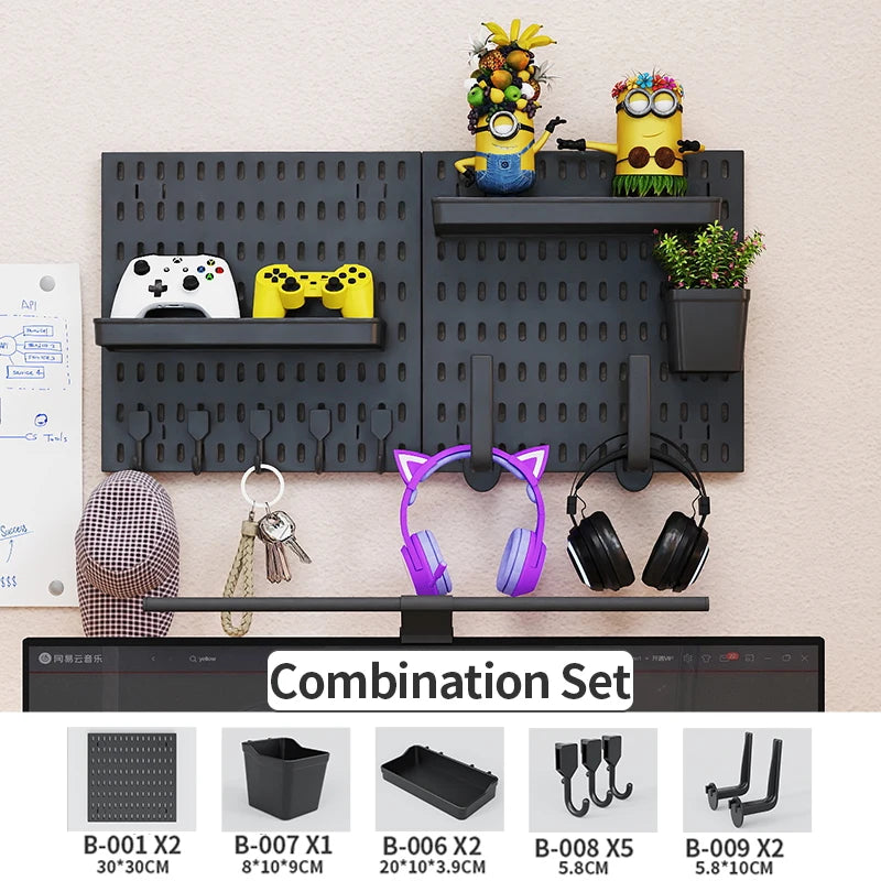 No Drill Pegboard Wall Rack Gaming Room Storage for Controllers Headphones Figures Keyboard Hooks Shelf