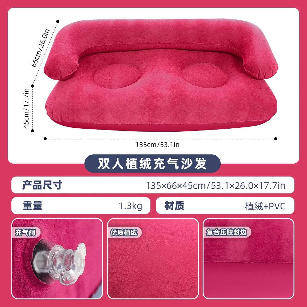 Inflatable Double Sofa 2 Person Air Couch Thickened PVC Flocking Portable Foldable Lazy Sofa Waterproof Inflatable Lounger