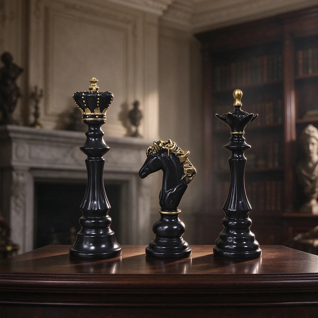 2026 Trending Chess Decor Set, Black Gold Resin King Queen Knight Statue, Modern Luxury Ornament for Home Office