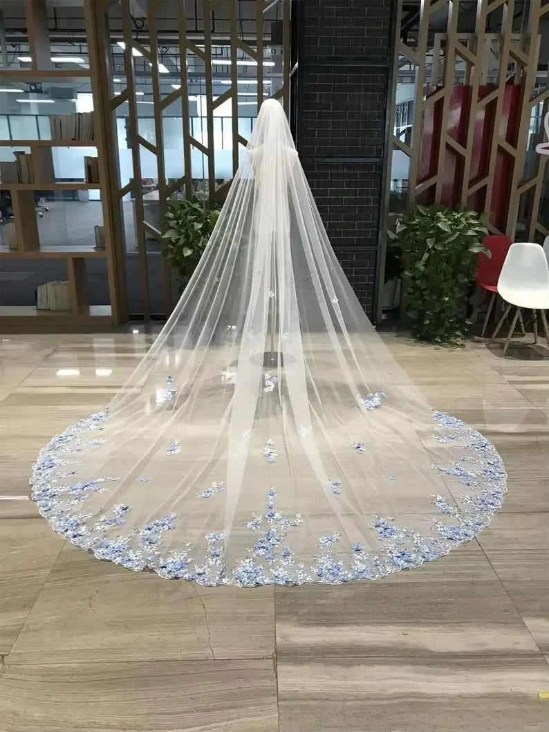 Romantic Cathedral Wedding Veil with Light Blue Floral Lace Embroidery and Scalloped Hem Long Sheer Tulle Bridal Headpiece V2866