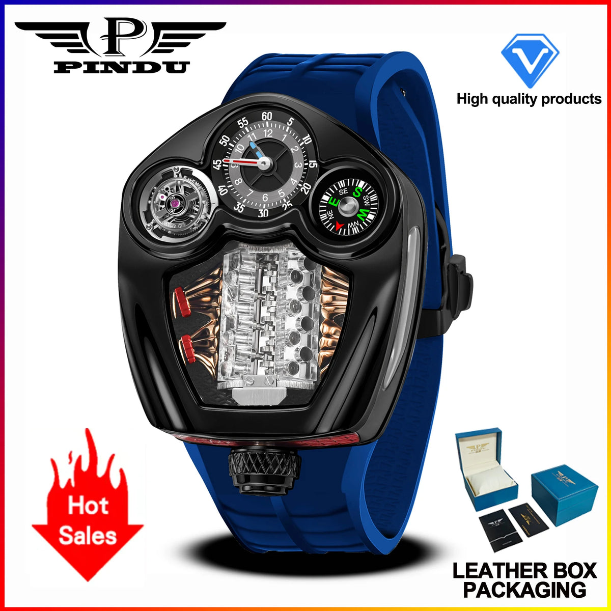 PINDU Design NEW Engine Series Quartz Watch Men Stainless steel Compass Waterproof Swiss quartz 762 movement watch TOP-luxurious