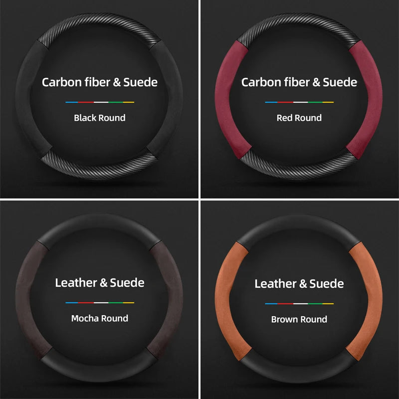 Suitable for Dacia Suede Matte Carbon Fiber Texture Steering Wheel Cover, Suitable for Models Such as Sandero Stepway, Duster, Jogger, Bigster, Spring, Electric, Cargo, Logan, Etc., Black Mocha Car Accessories