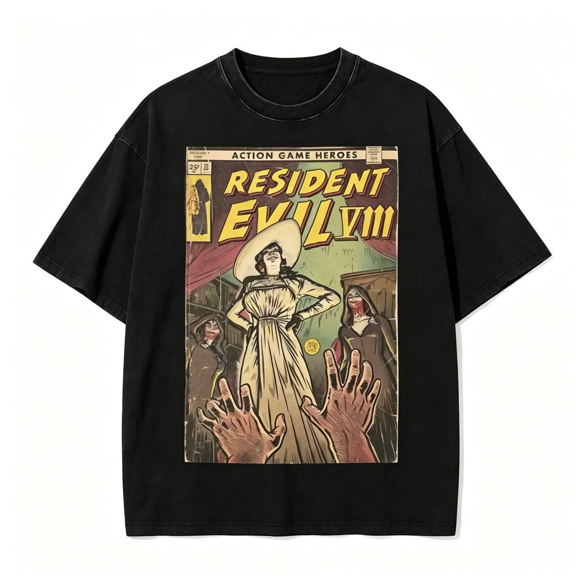 Resident Evil Village Women Dimirescu Retro Manga Poster Unisex T-shirt Black Cotton Short Sleeved T-shirt Gaming Enthusiast Top
