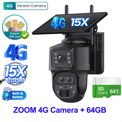SHIWOJIA 15X ZOOM Solar Camera 4G 12MP Three Lens 360° View 5W Solar Panel Security Outdoor PTZ IP Camera 7800mAh Battery UBOX