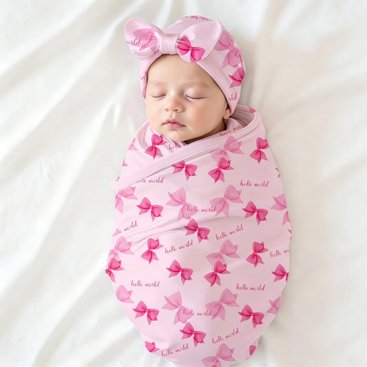 Ylsteed Newborn Photography Receive Blanket Newborn Bow Print Swaddle Blanket with Hat Bedding Infant Bath Towel Baby Items-HD
