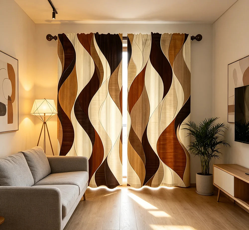 2PCS Digital Printed Curtains with Earthy Waves Design, Stylish Window Drapes for Living Room Bedroom Home Decoration and Kitche