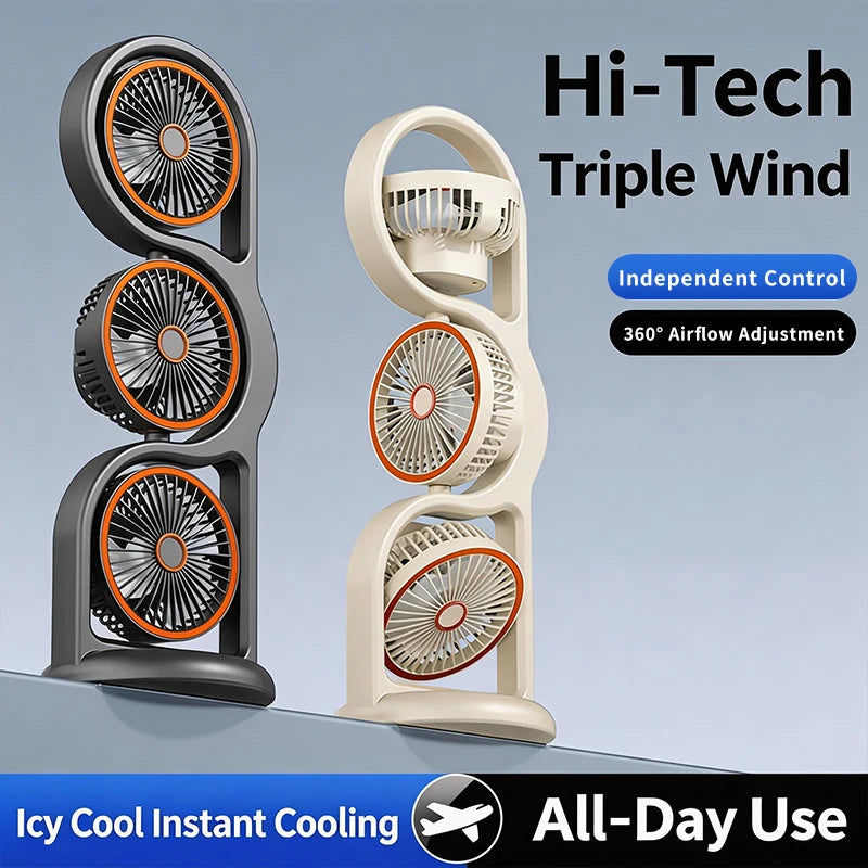 Portable USB Rechargeable 3-Head Desktop Fan, 360° Rotation Circulating Fan 5 Speed Wind for Dormitory Outdoor