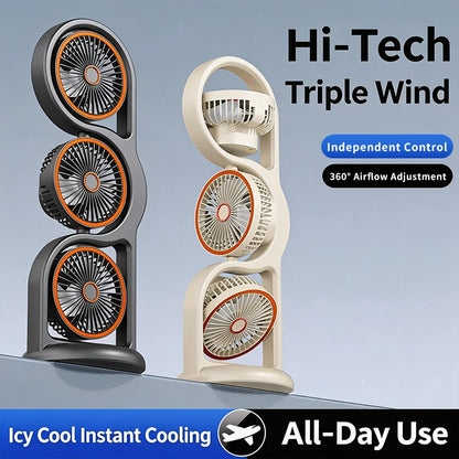 Portable USB Rechargeable 3-Head Desktop Fan, 360° Rotation Circulating Fan 5 Speed Wind for Dormitory Outdoor