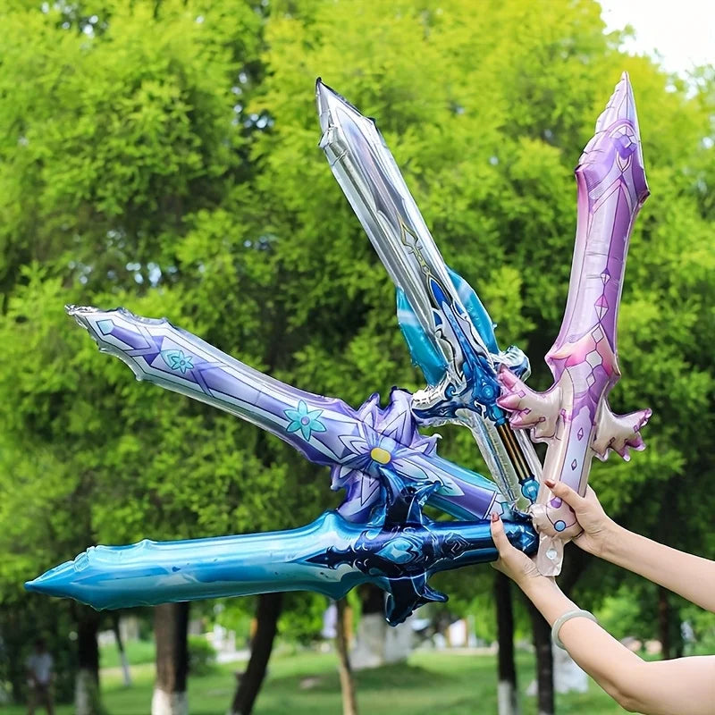 4PCS Mylar Sword Balloons，Gaming-Themed Party Decor & Kids Toy Balloons, Reusable Air Inflatable for Birthday, Cosplay, and Fest