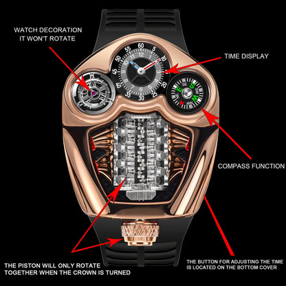 PINDU Design NEW Engine Series Quartz Watch Men Stainless steel Compass Waterproof Swiss quartz 762 movement watch TOP-luxurious