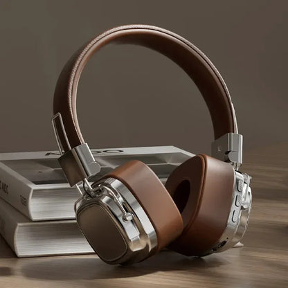 Retro Leather Over-ear Headphones Wireless Bluetooth 5.3 Foldable Noise Cancelling Stereo Music Headset With Cable For Phone PC