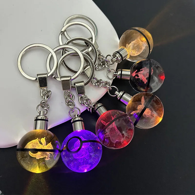 Pokemon Crystal Ball 3D Pikachu Mewtwo Mew Gengar Night Light Pokeball Crystal Keychain Anime Action Figure Toy Birthday Gift