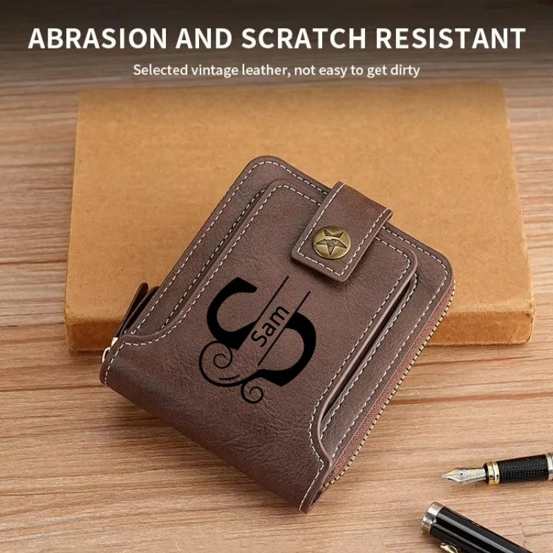 Personalized  PU Leather Chain Short Wallet For Man, Engraved Name&Text Bifold Stylish Brown Wallet For Man Valentines Birthday