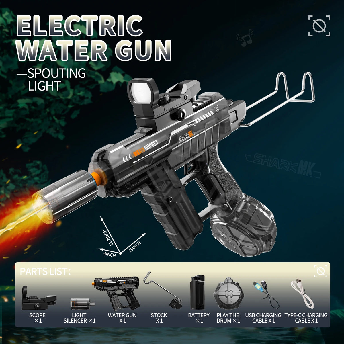 Flashing Lights UZI Electric High-Speed Continuous Water Gun, Children's Toy, Men's Large Capacity Water Gun