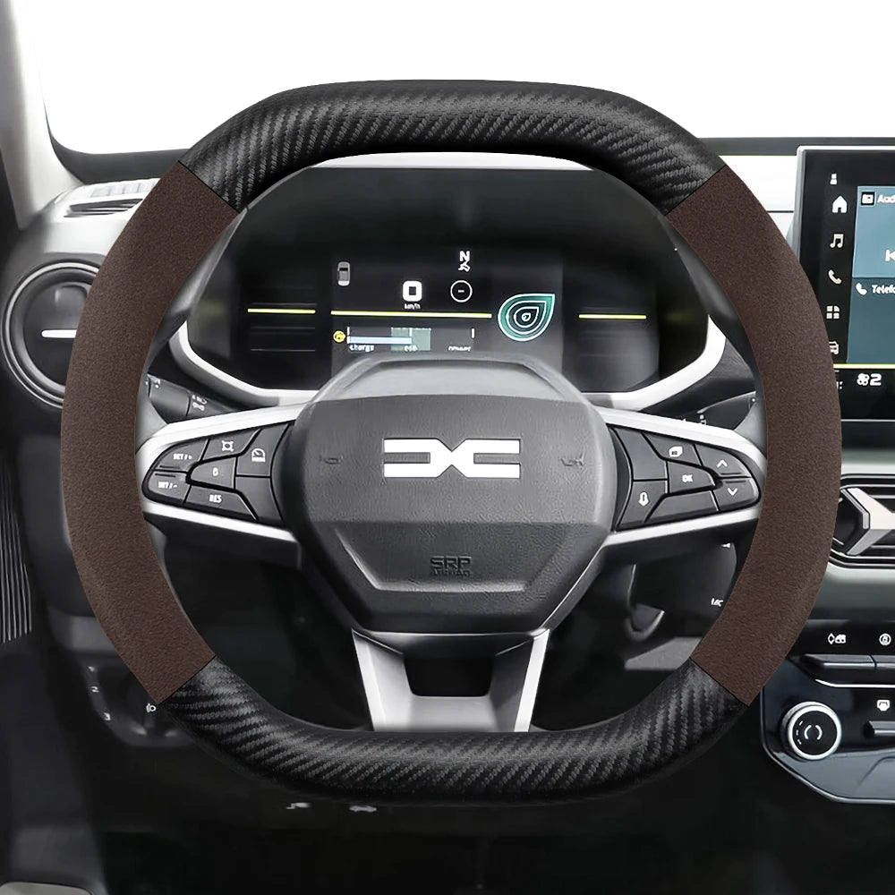 Suitable for Dacia Suede Matte Carbon Fiber Texture Steering Wheel Cover, Suitable for Models Such as Sandero Stepway, Duster, Jogger, Bigster, Spring, Electric, Cargo, Logan, Etc., Black Mocha Car Accessories