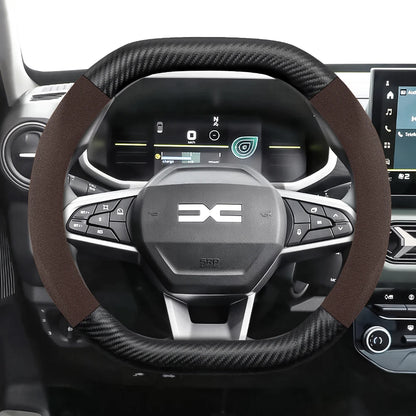Suitable for Dacia Suede Matte Carbon Fiber Texture Steering Wheel Cover, Suitable for Models Such as Sandero Stepway, Duster, Jogger, Bigster, Spring, Electric, Cargo, Logan, Etc., Black Mocha Car Accessories