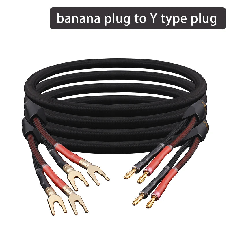 One Pair HiFi Speaker Cable High-end Audio Amplifier Cable High Purity Oxygen-free Copper With Banana 24K Gold Plug Y Plug Cable