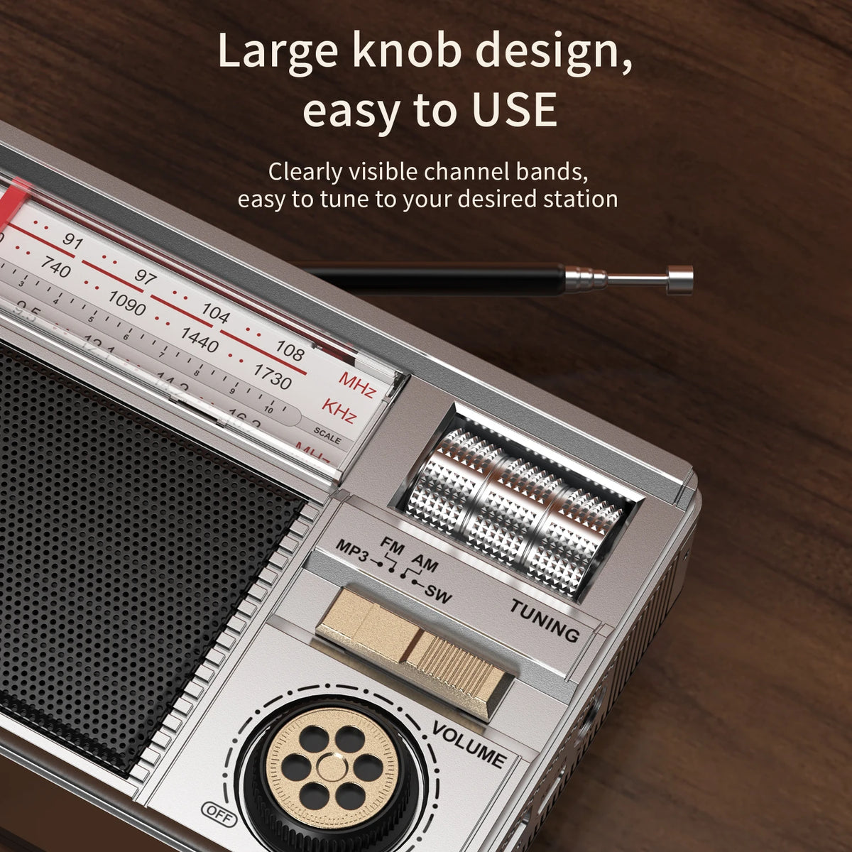 Retro All-Band Radio with Wireless Audio Connectivity, Solar & Multi-Mode Charging, Long-Lasting Battery & Multiple Play Modes