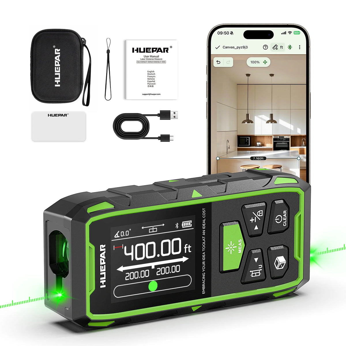 Huepar Dual Laser Rangefinder With Bluetooth 120M/200M Green Laser Measure Meter Multiple Unit Measurement Tool With LCD Backlit