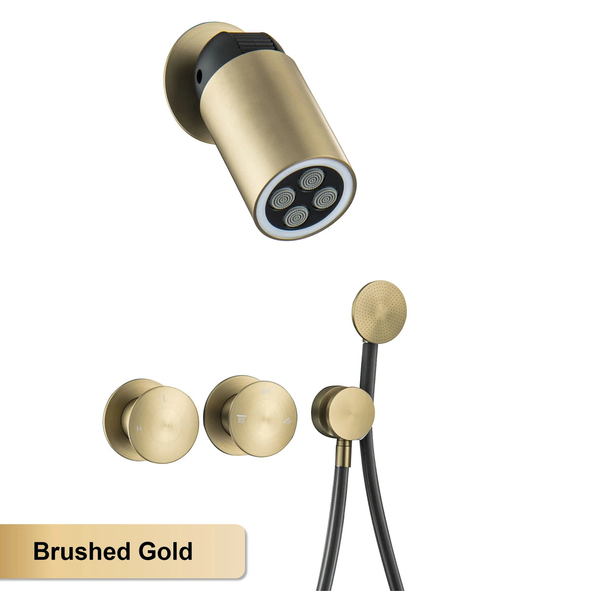Aitana Minimalist Black Brass Wall-Mounted Bathroom Shower System with LED Light Rainfall Head 2 Functions of Hot And Cold Water