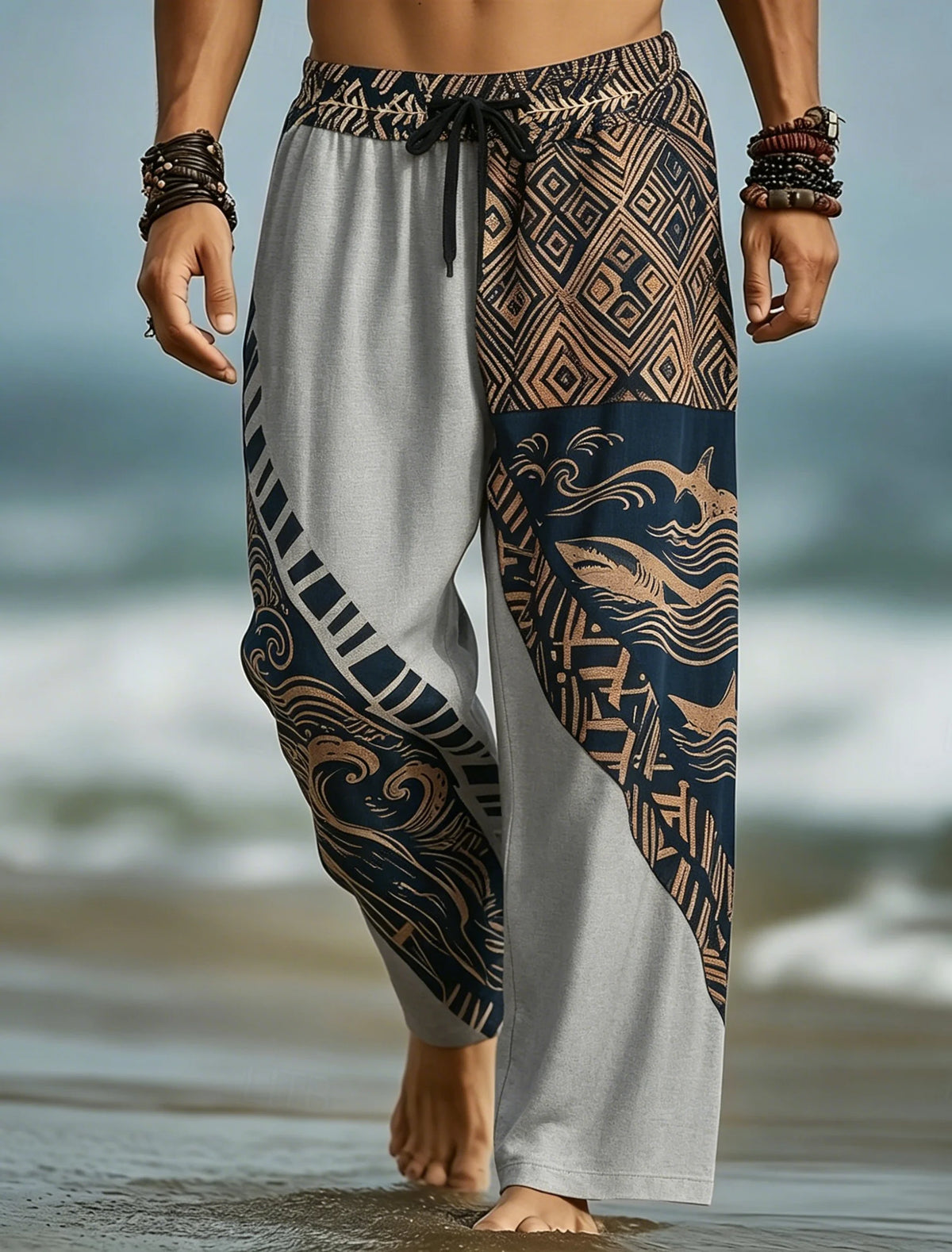 Men's Drawstring Waist Patchwork Tribal Geometric Print Long Pants, Relaxed Loose Fit For Spring Summer Beach Daily Wear