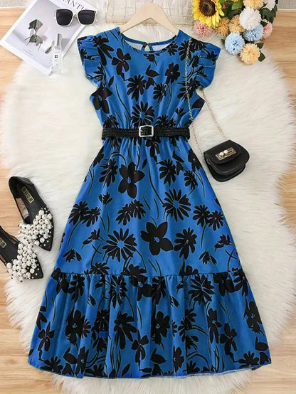 Chic teenage girl green floral long skirt with belt - casual round neck ruffle sleeves, perfect for summer, teenage jumpsuit