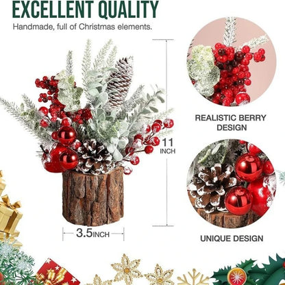 Charming Mini Christmas Tree with Red Berries & Pine Cones-Perfect for Tabletop,Fireplace Mantel Decor |Classic Holiday Ornament